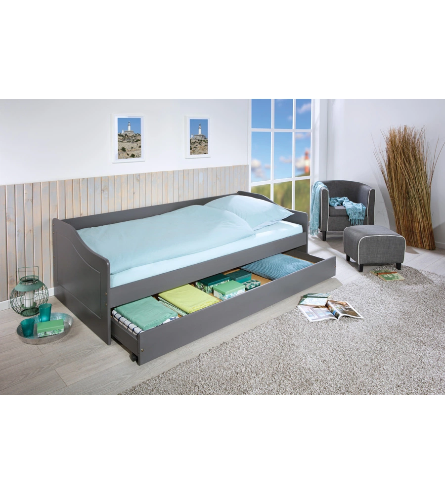 Letto singolo grigio e letto estraibile con funzione divano, 97x208x62 cm